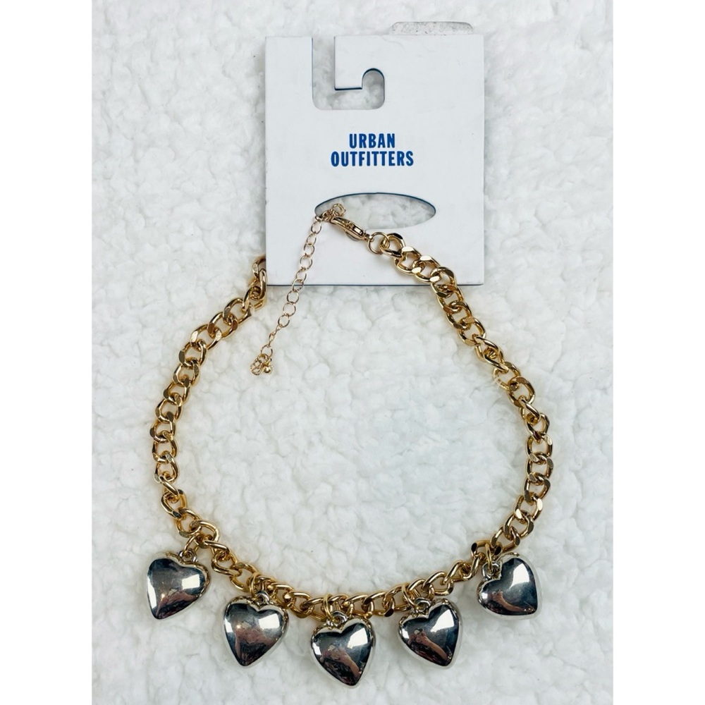 (NWT) UO • Gold/Silver Two-Toned Puffed Heart Pendant Chain Link Choker Necklace - Picture 5 of 9